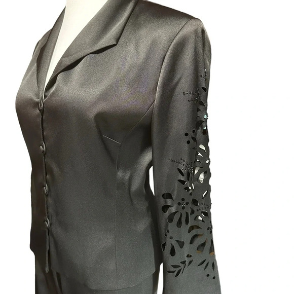 KM Collections By Milla Bell Black Satin Punch Hole Pantsuit Bell Bottoms Prom - Picture 4 of 11